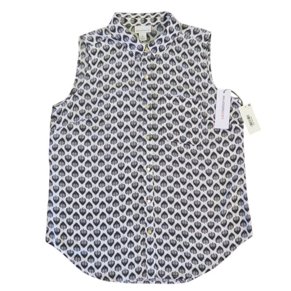 Liz Claiborne Womens Sleeveless Feather Print Blouse M White/Black NEW Button Up
